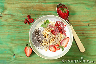 Healthy breakfast of muesli, yoghurt, chia seeds Stock Photo