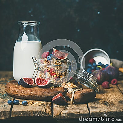 Healthy breakfast with Oatmeal granola and almond milk, square crop Stock Photo