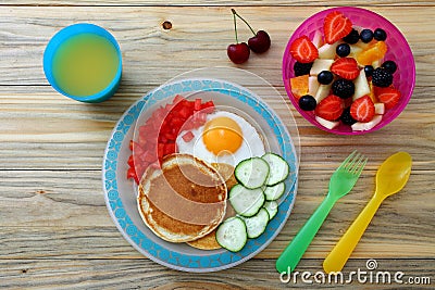 Healthy Breakfast Pancake Eggs Fruit Salad Stock Photo