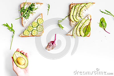 Healthy breakfast with sandwiches set on white background top view mockup Stock Photo