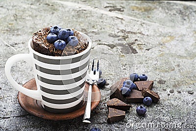 Healthy breakfast or snack. Chocolate mug cupcake with blueberries and chocolate chips in a gray striped ceramic mug on Stock Photo