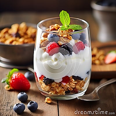 Healthy blueberry and raspberry parfait in a glass jar on a rustic wood background Stock Photo