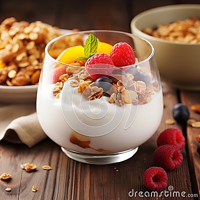 Healthy blueberry and raspberry parfait in a glass jar on a rustic wood background Stock Photo