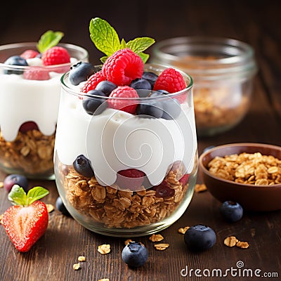 Healthy blueberry and raspberry parfait in a glass jar on a rustic wood background Stock Photo