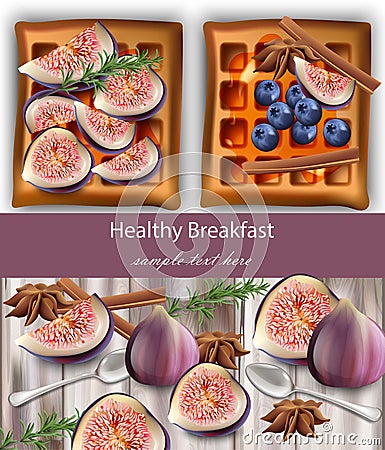 Healthy breakfast toasts with fig fruits Vector realistic Cartoon Illustration