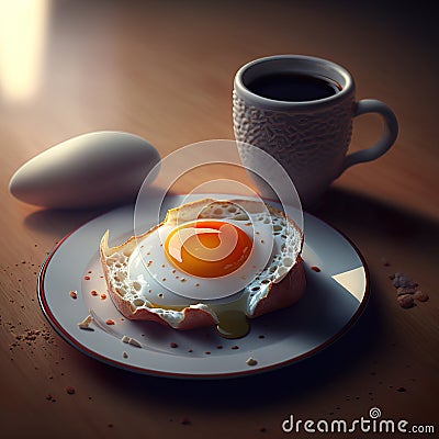 Healthy breakfast toasts with fried egg, breakfast egg with coffee Cartoon Illustration