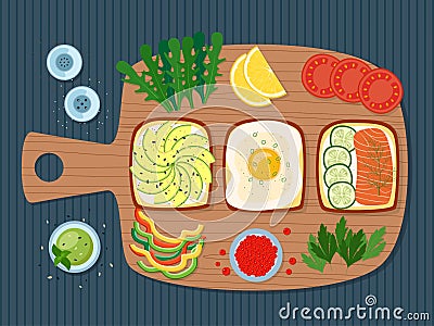 Healthy breakfast, toasts with greens, egg, avocado, salmon, caviar, vegetables Vector Illustration