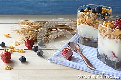 Healthy breakfast. Whole grain cereal with fresh blueberries and strawberries. Stock Photo