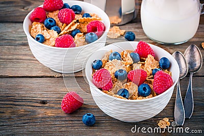 Healthy breakfast: whole grain cereal with raspberry and blueberry Stock Photo