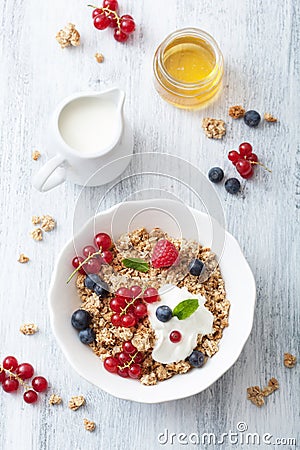 Healthy breakfast with yogurt and granola Stock Photo