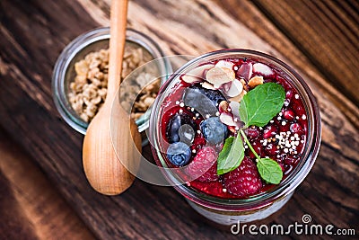 Healthy brunch with fruits and granola, served in jar Stock Photo