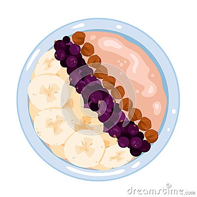 Healthy cereal breakfast food, granola in bowl top view, plate with milk oatmeal porridge Vector Illustration