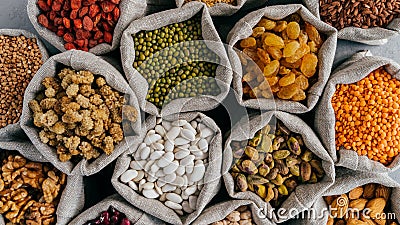 Healthy cereals and dried fruit. Close up top view of small bags with dry legumes seeds. Different types of beans. Natural grains Stock Photo