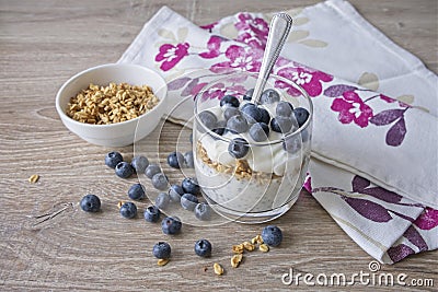 Healthy Chia seed breakfast with yoghurt, muesli and blueberries Stock Photo