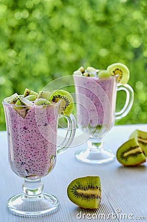 Healthy chia seeds pudding in two glasses with yogurt and fresh sliced kiwi fruit. Detox superfoods breakfast or diet dessert Stock Photo