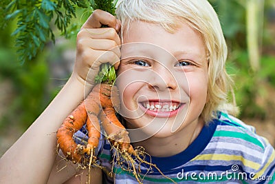 Healthy child in garden holding an unusual homegrown carrot Stock Photo