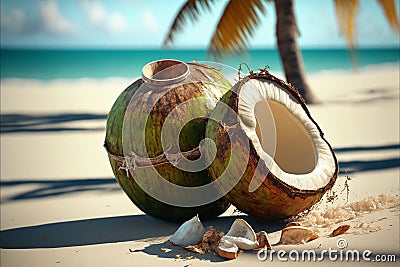 Healthy coconuts on tropical beach background Stock Photo