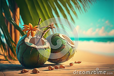 Healthy coconuts on tropical beach background Stock Photo