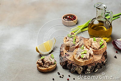 Healthy cod liver on whole grain bread. Health care concept. Natural source of omega 3. banner, menu, recipe place for text, top Stock Photo