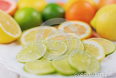 Healthy composition of lemon, lime, grapefruit and tangerine. Stock Photo