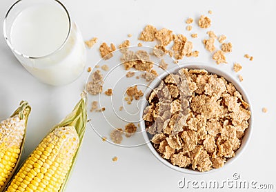 Healthy Corn Flakes with milk for Breakfast on table Stock Photo
