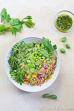 Healthy couscous salad with edamame beans, rucola and cucamelon Stock Photo