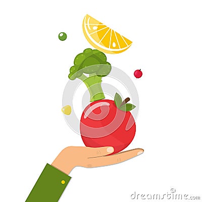 Healthy diet concept. Natural food on female hand Vector Illustration