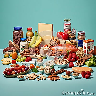 Healthy diet food, ingredients layout for cooking, keto products. Stock Photo