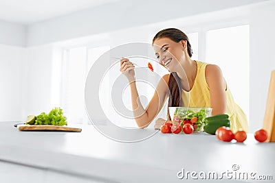 Healthy Diet. Woman Eating Vegetarian Salad. Healthy Eating, Foo Stock Photo
