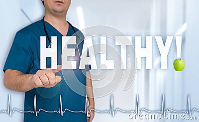 Healthy doctor shows on viewer with heart rate concept Stock Photo