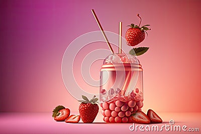 Healthy drink - Strawberry soda. Ad in pink banner. 3D illustration of gradient bottle filled with strawberry beverage, surrounded Cartoon Illustration