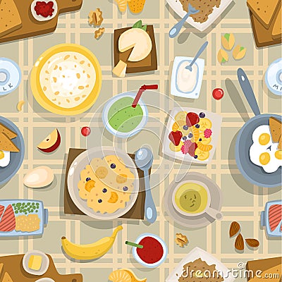 Healthy eating breakfast lunch meal concept with fresh salad bowls on kitchen wooden worktop top view vector seamless Vector Illustration