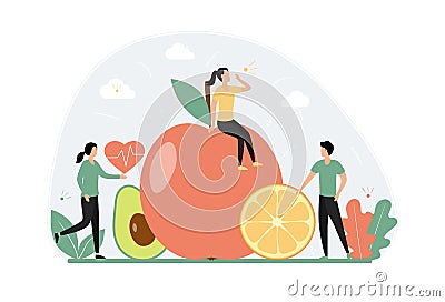 Healthy eating concept. Young tiny people are on a diet. Vegetables and fruits, vegetarian. Vector Illustration