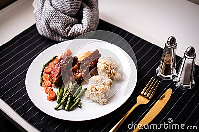 Healthy eating . diet food dinner dish. pork ribs and green bean, carrot , quinoa Stock Photo