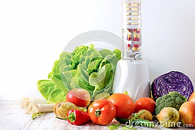 Healthy eating - diet, healthy food organic fruit and vegetable and nutrition supplement Stock Photo