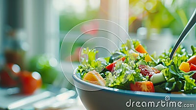 Healthy eating, dieting, vegetarian kitchen, and cooking concept - close-up of vegetable salad bowl and fork at home Stock Photo