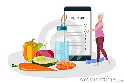 Healthy eating, drinking regime in old age. Elderly woman keeps to diet. Smartphone diet plan. Senior woman wearing Vector Illustration