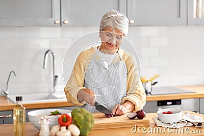 happy woman chopping red onion on kitchen Stock Photo