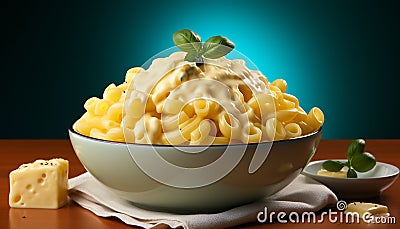 Healthy eating Fresh pasta bowl with gourmet ingredients on wooden table generated by AI Stock Photo