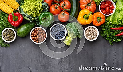 Healthy eating ingredients: fresh vegetables, fruits and superfood. Nutrition, diet, vegan food concept Stock Photo