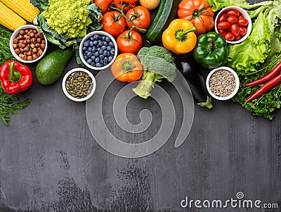Healthy eating ingredients: fresh vegetables, fruits and superfood. Nutrition, diet, vegan food concept Stock Photo