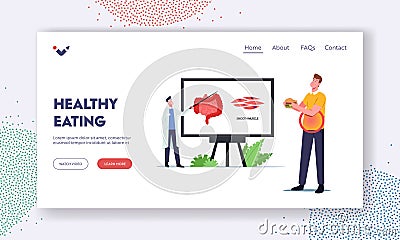 Healthy Eating Landing Page Template. Tiny Doctor Character Presenting Intestines Smooth Musculature on Huge Infographic Vector Illustration