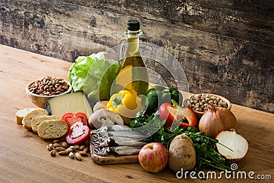 Healthy eating. Mediterranean diet. Fruit,vegetables, grain, nuts olive oil and fish Stock Photo