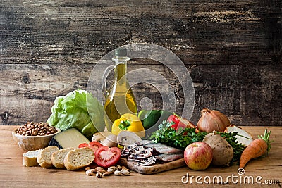 Healthy eating. Mediterranean diet. Fruit,vegetables, grain, nuts olive oil and fish Stock Photo