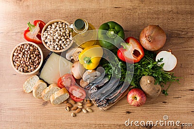 Healthy eating. Mediterranean diet. Fruit,vegetables, grain, nuts olive oil and fish Stock Photo