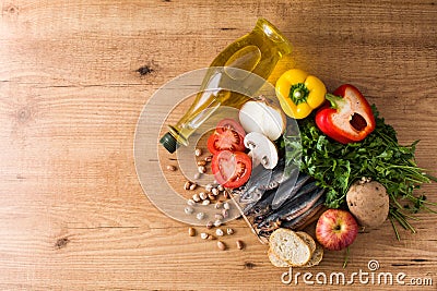 Healthy eating. Mediterranean diet. Fruit,vegetables, grain, nuts olive oil and fish Stock Photo
