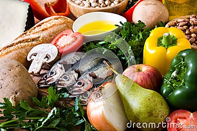 Healthy eating. Mediterranean diet. Fruit,vegetables, grain, nuts olive oil and fish Stock Photo