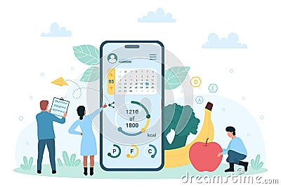Healthy eating mobile app, tiny people count calories in food using online app in phone Vector Illustration