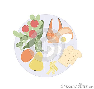 Healthy eating plate. Wellbeing concept. Diet plan schedule program. Nutrient counting. Meal tracking concept. Weight loss control Vector Illustration
