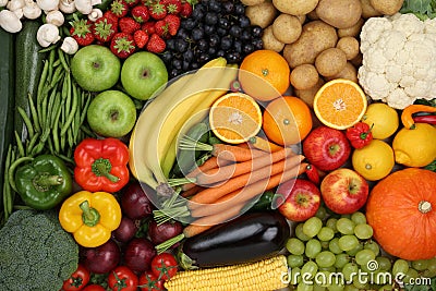 Healthy eating vegetarian fruits and vegetables background Stock Photo